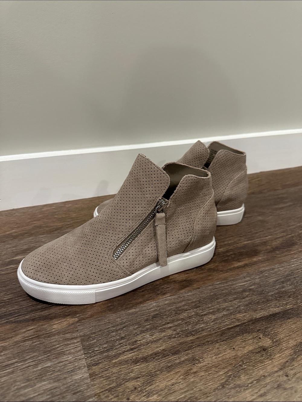 Steve Madden Taupe Suede Perforated Zip-Front High-Top Sneakers with White Sole